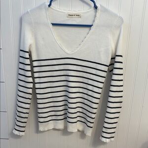 White and Black Striped V-Neck Sweater